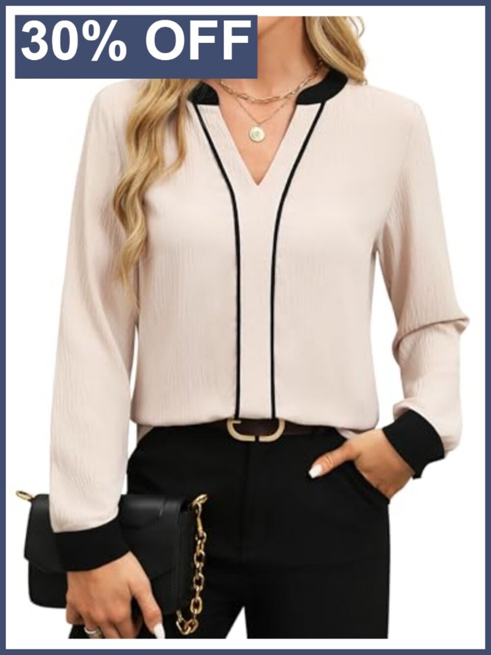 Womens Color Block V Neck Long Sleeve Business Casual Blouse Top